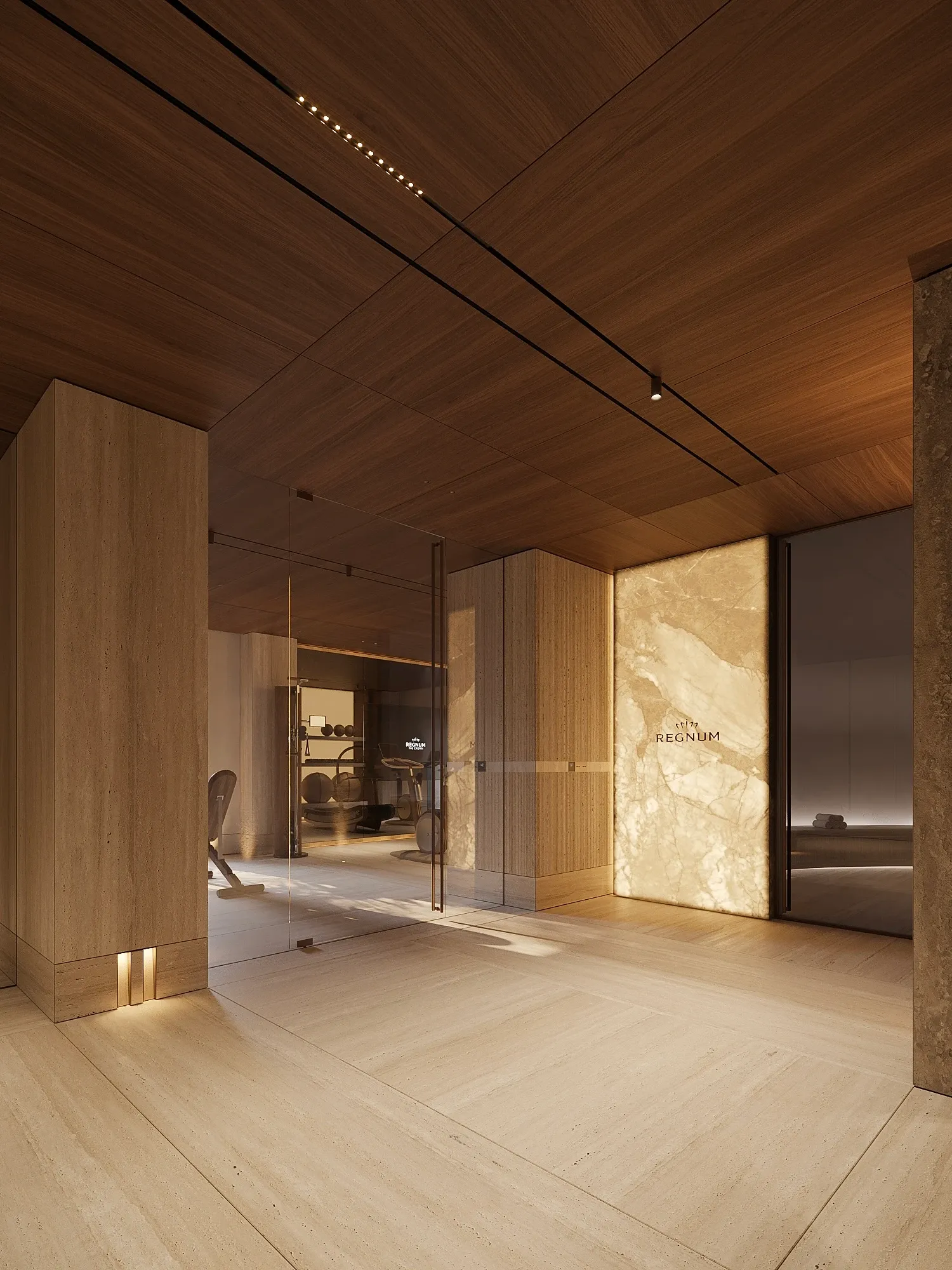 Travertine hallway with backlit onyx panel leading into villa gym area, The Crown Villa Regnum Carya, Antalya