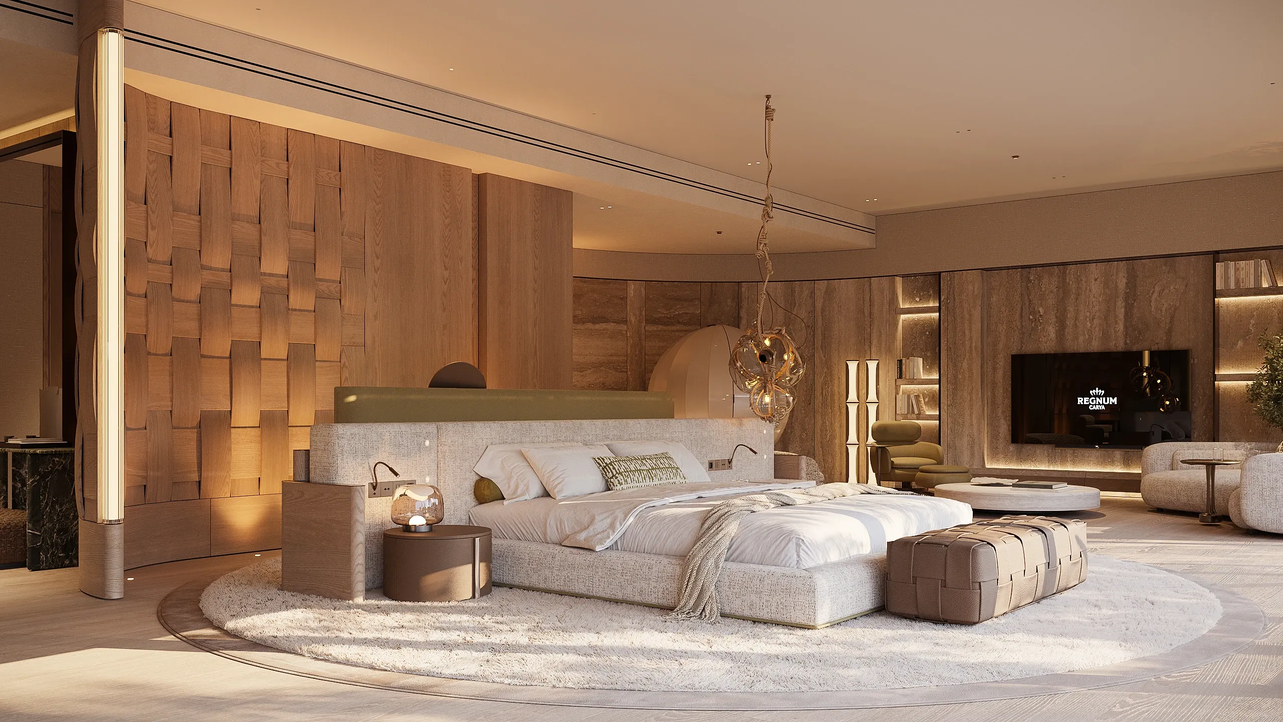 Curved bedroom with woven oak wall and round bed, The Crown Villa, Antalya