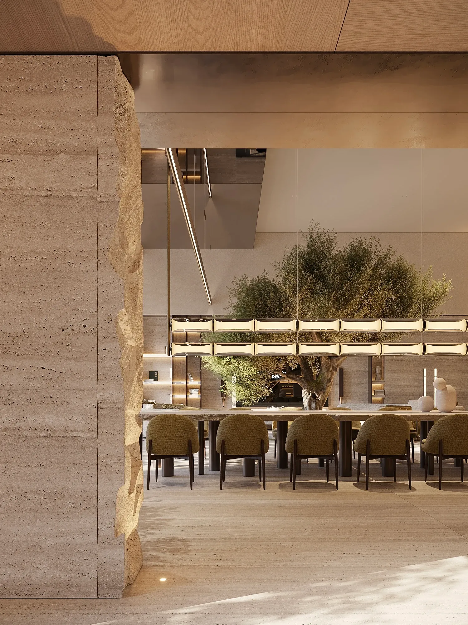 Dining area framed by travertine column and gold pendant lights, The Crown Villa Regnum Carya, Antalya