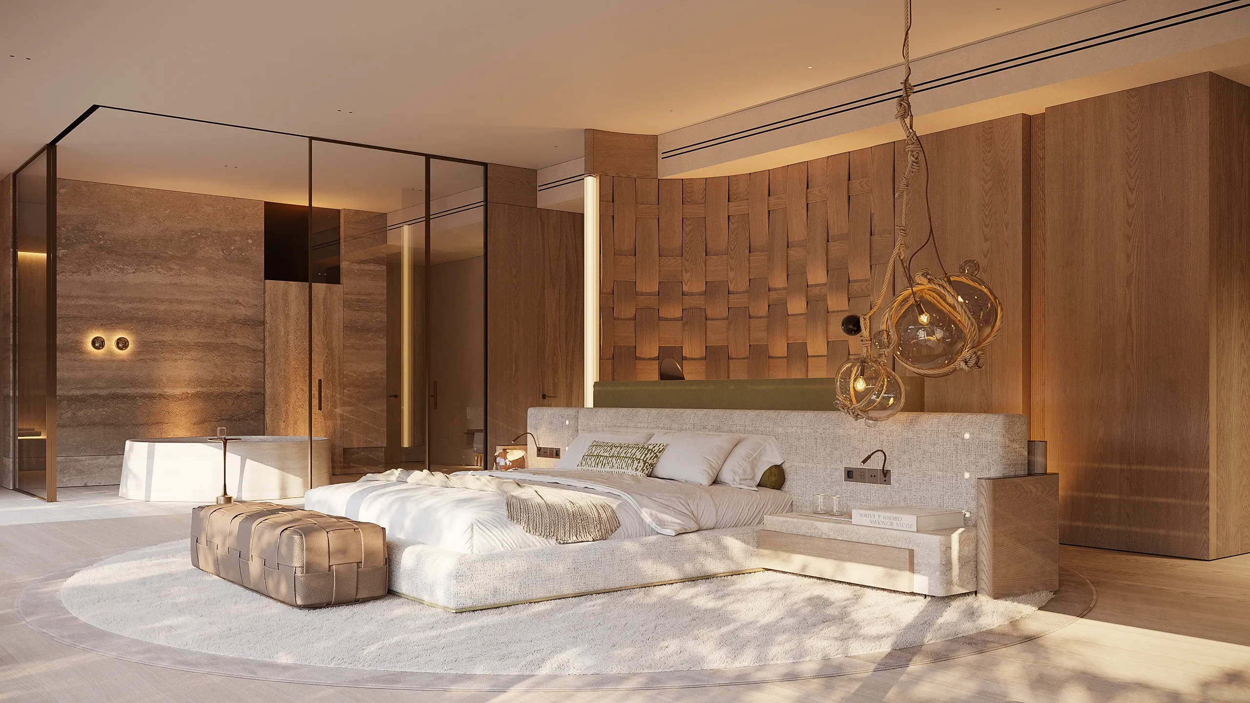 Bedroom suite with glass pendant lights and travertine-clad ensuite bath, The Crown Villa Regnum Carya, Antalya
