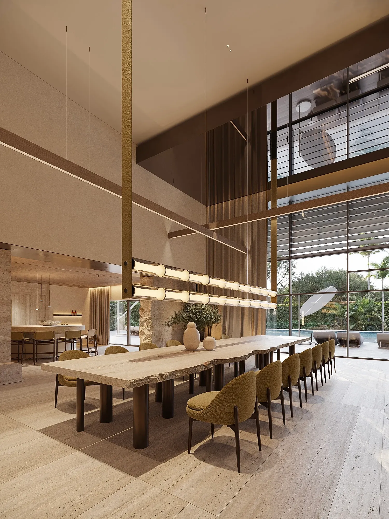 Dining area with live-edge table and tubular pendant lights, The Crown Villa, Antalya