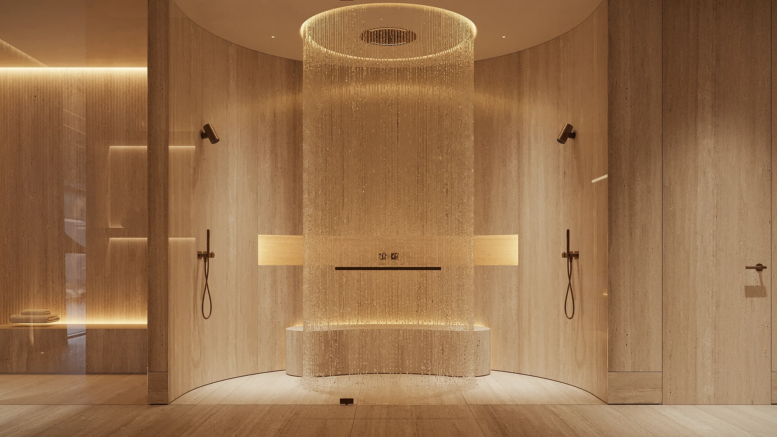 Travertine shower room with circular rainfall fixture, The Crown Villa, Antalya