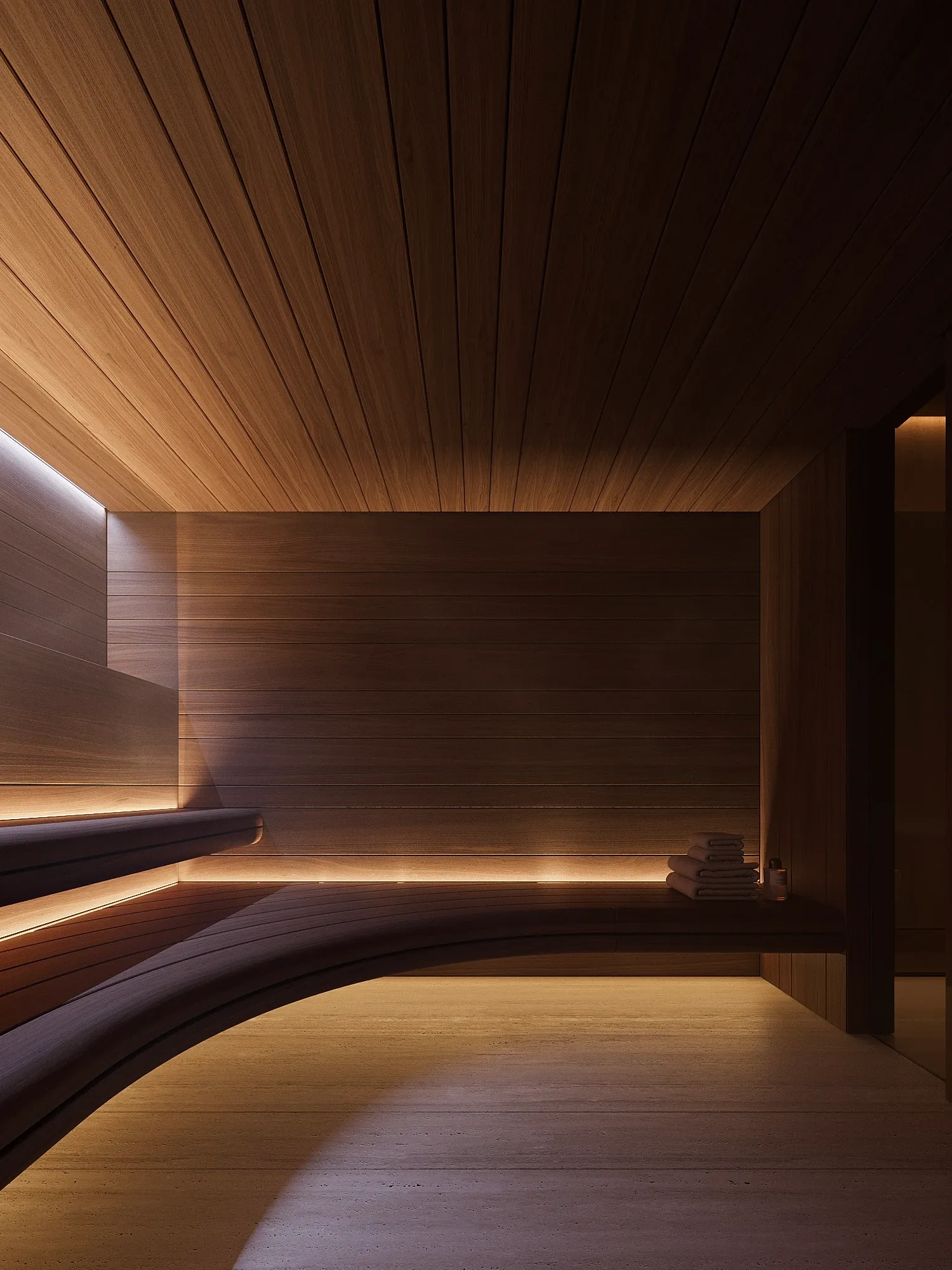Curved wooden sauna with ambient backlighting and travertine floor, The Crown Villa, Antalya
