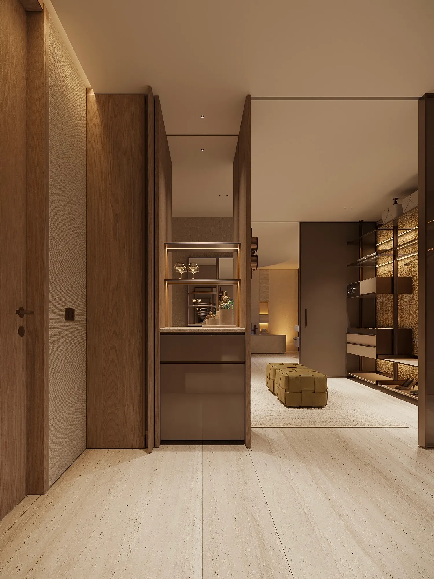 Hallway with built-in wood cabinetry opening to walk-in closet, The Crown Villa Regnum Carya, Antalya