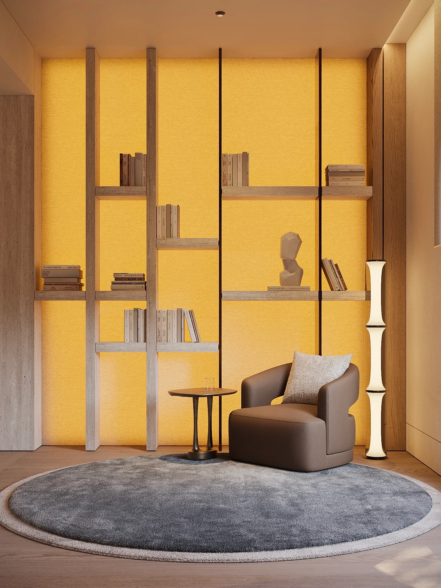 Reading nook with yellow wall shelving and leather armchair, The Crown Villa, Antalya