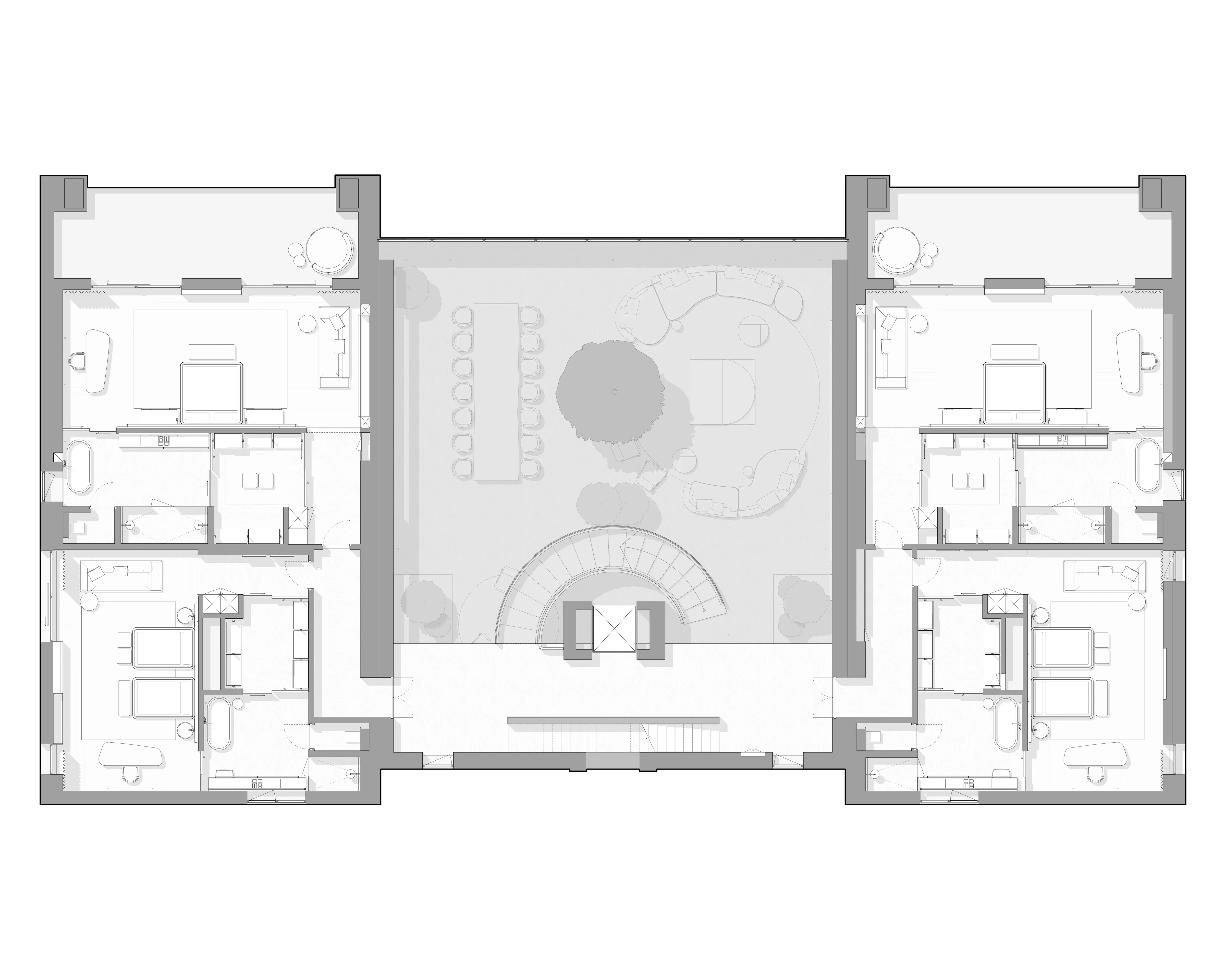 Floor plan of symmetrical villa with central lounge, The Crown Villa Regnum Carya, Antalya