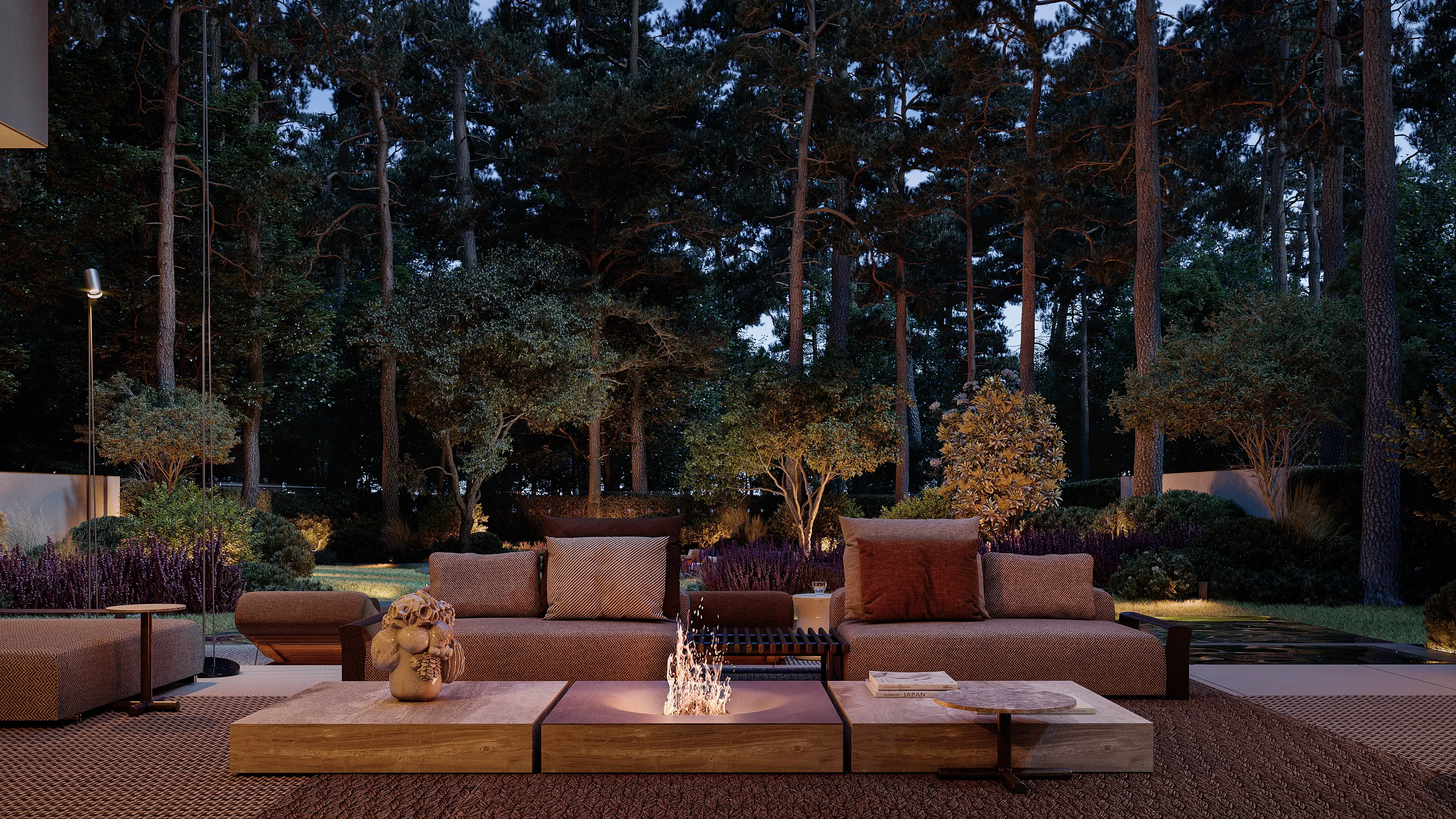 Outdoor lounge with fire feature and wooden tables facing the forest, The Evergreen Residence, Warsaw