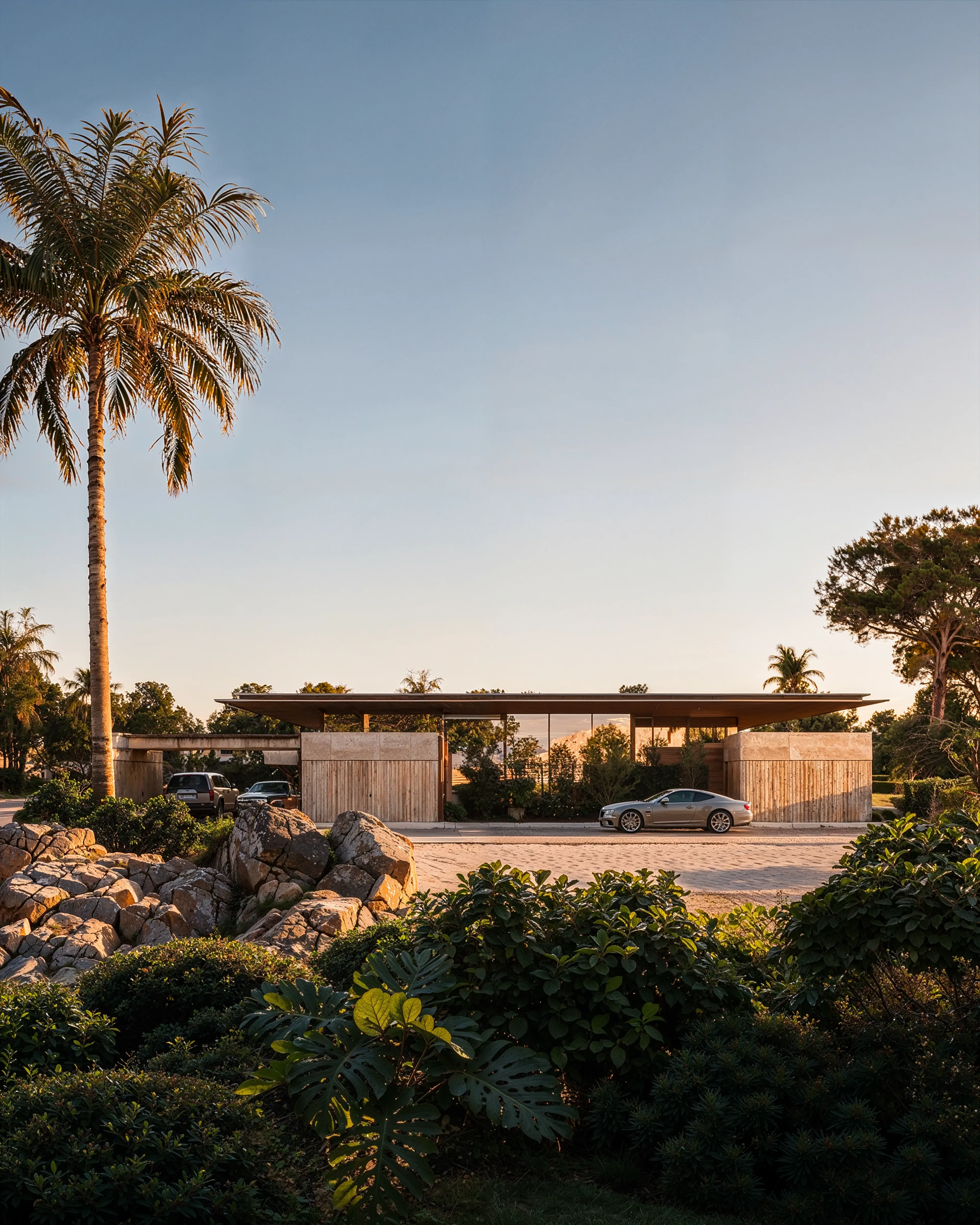 Travertine and glass pavilion facade with car passing beneath palm trees, The Desert Pavilion, Riyadh