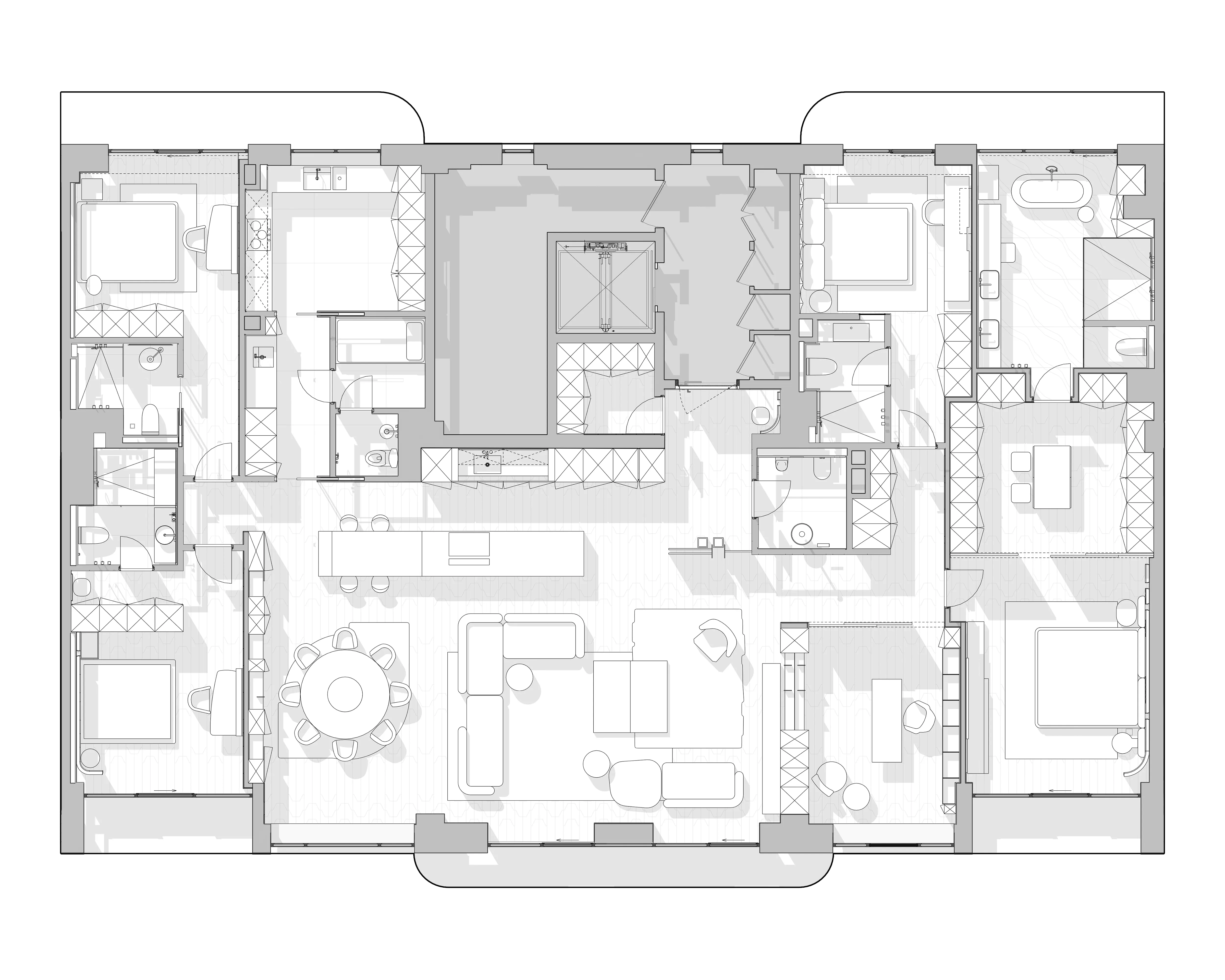 Floor plan of four-bedroom residence with central day zone, The Amber Residence, Beijing