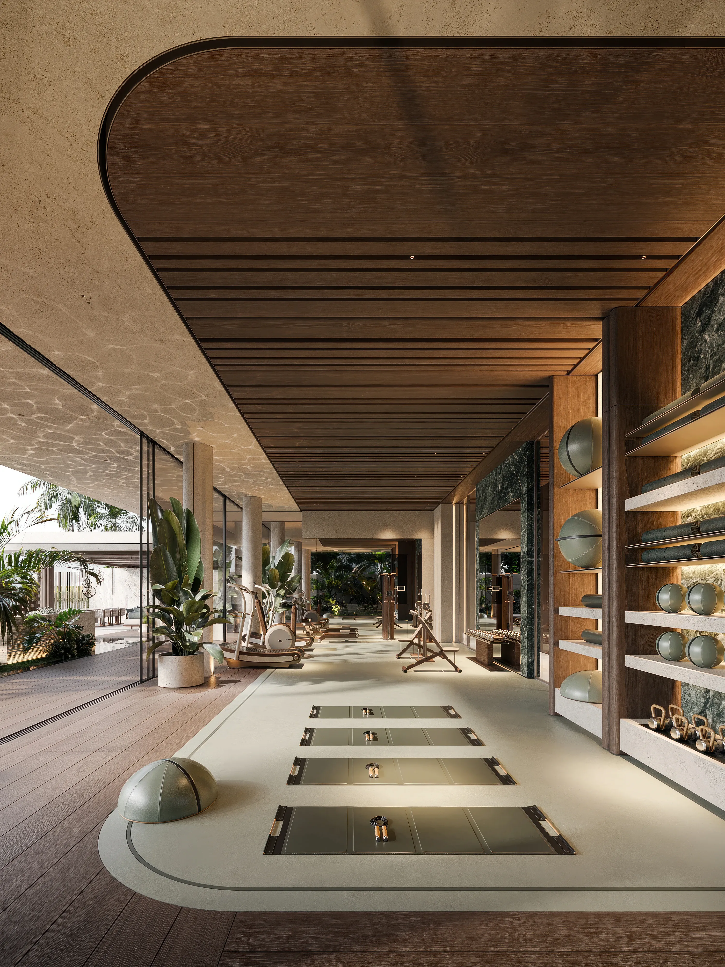 Curved timber ceiling gym with marble shelves and greenery at dusk, The Lagoon Residents' Club, Dubai