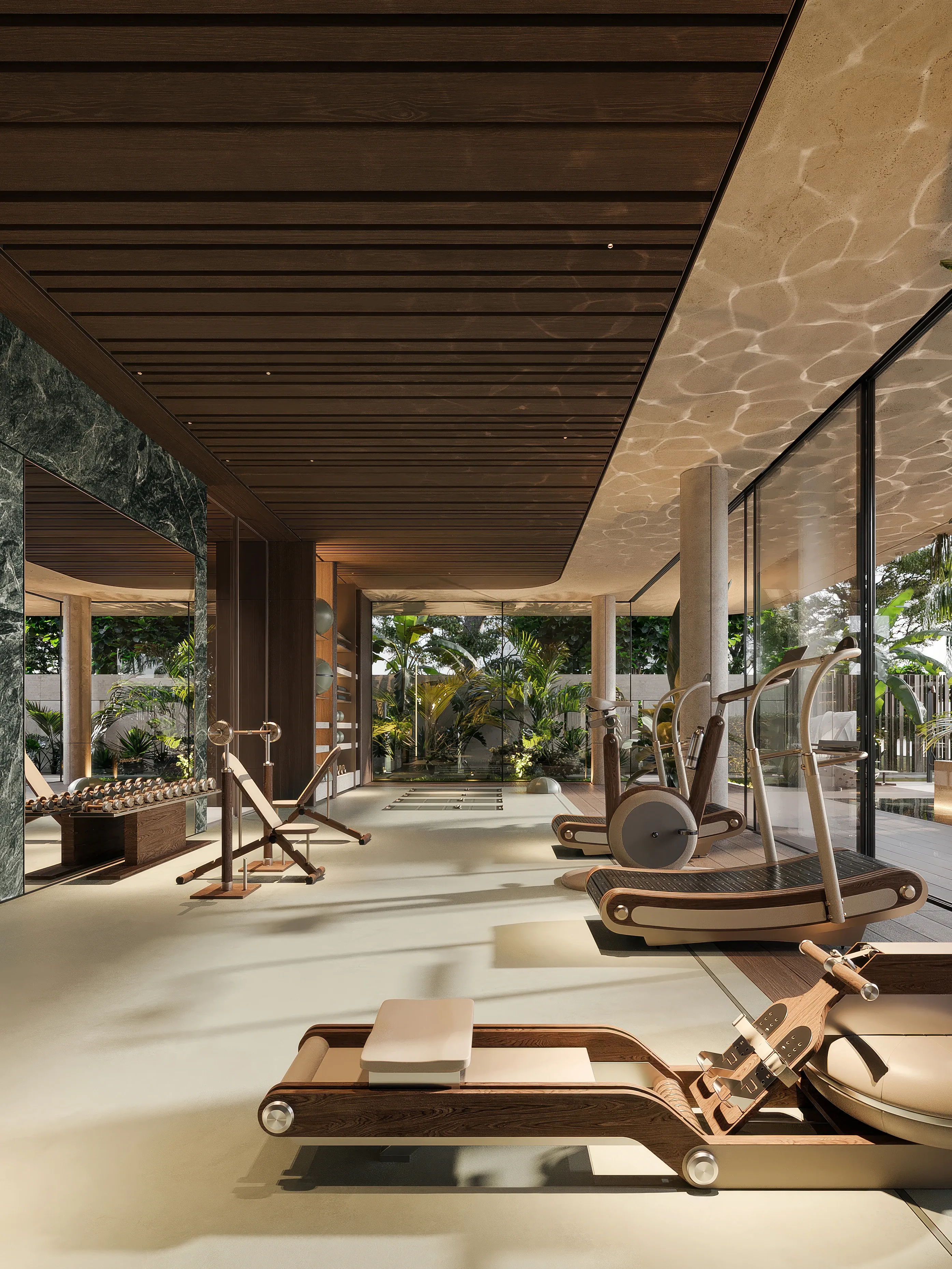 Fitness studio with wood-slatted ceiling and treadmill overlooking garden, The Lagoon, Dubai