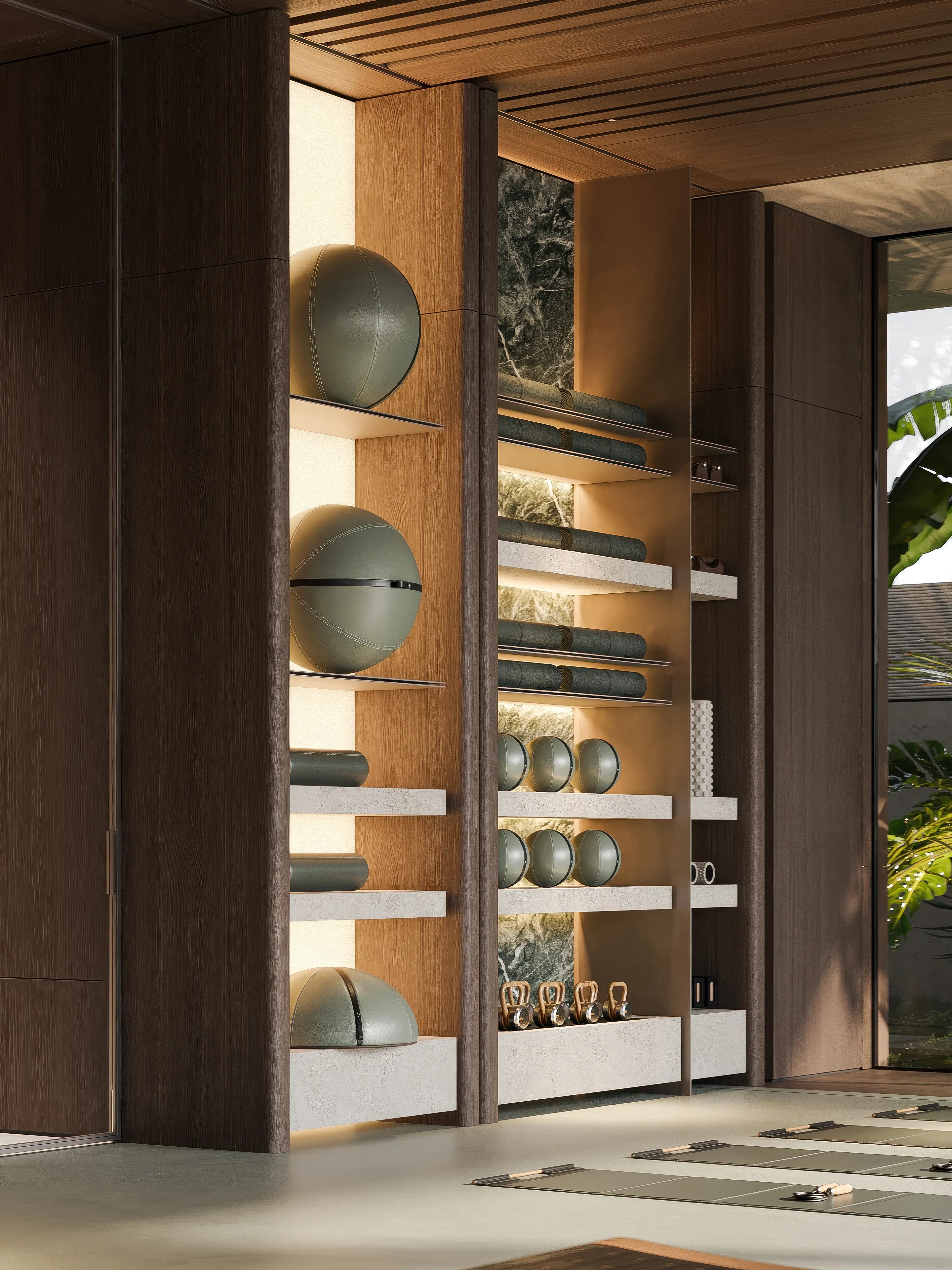 Backlit wood shelving with medicine balls and kettlebells, The Lagoon Residents' Club, Dubai