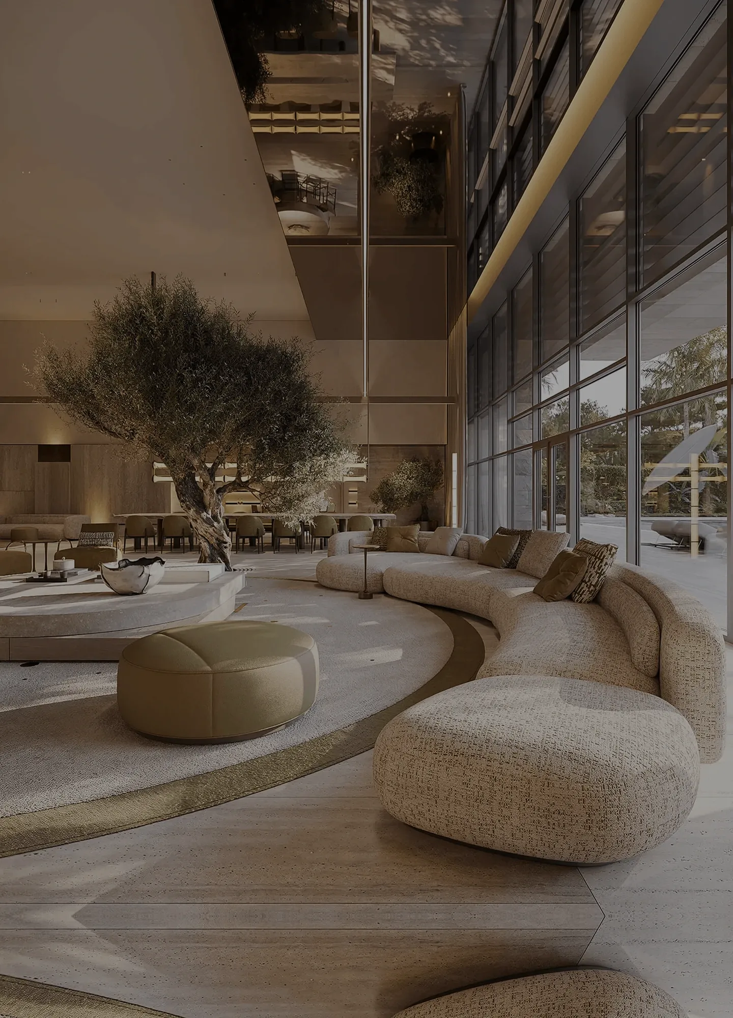 Double-height lounge with curved sofa, olive tree and glass facade, Hilight design studio