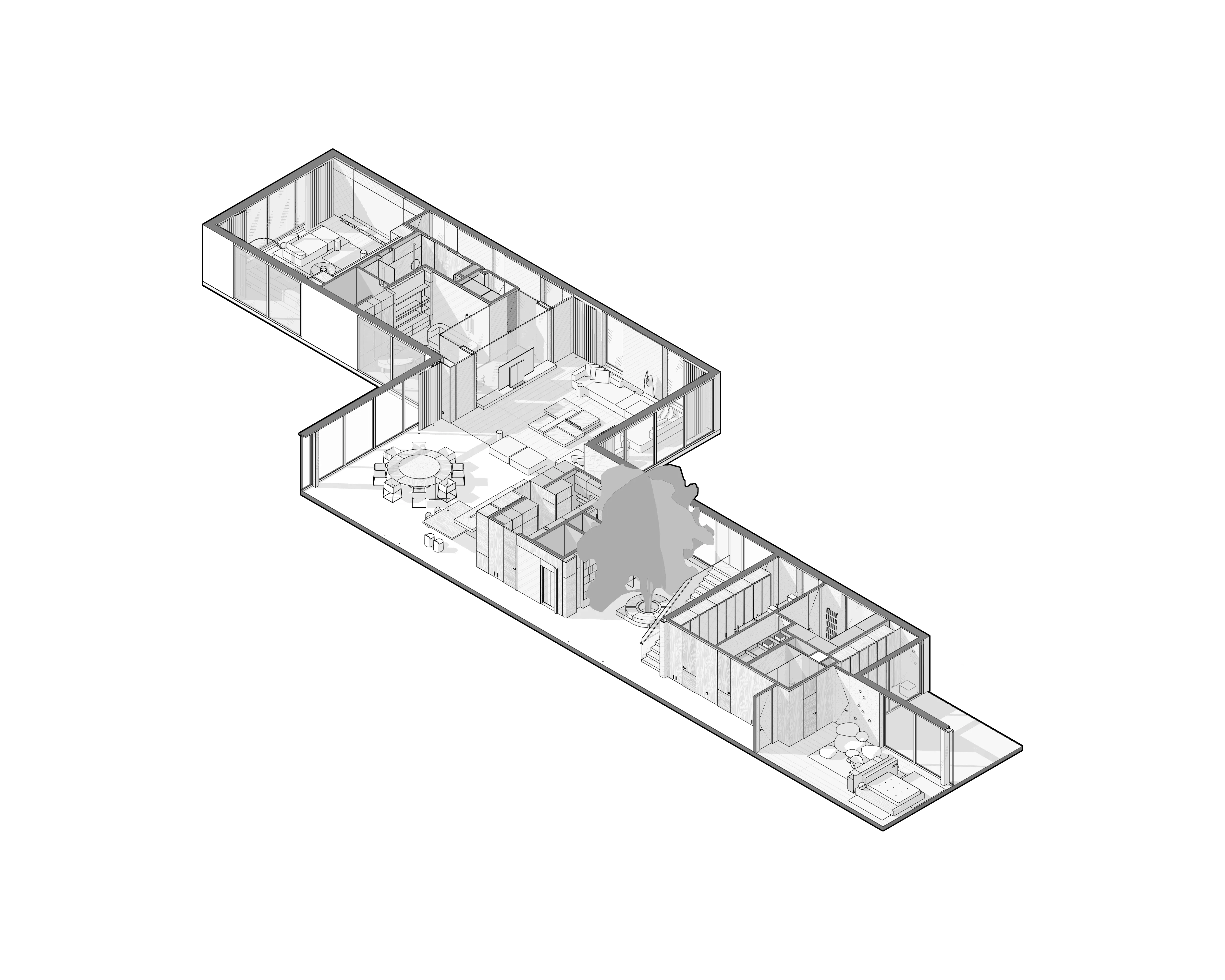 Axonometric drawing of elongated house layout, The Secret Court, Poland