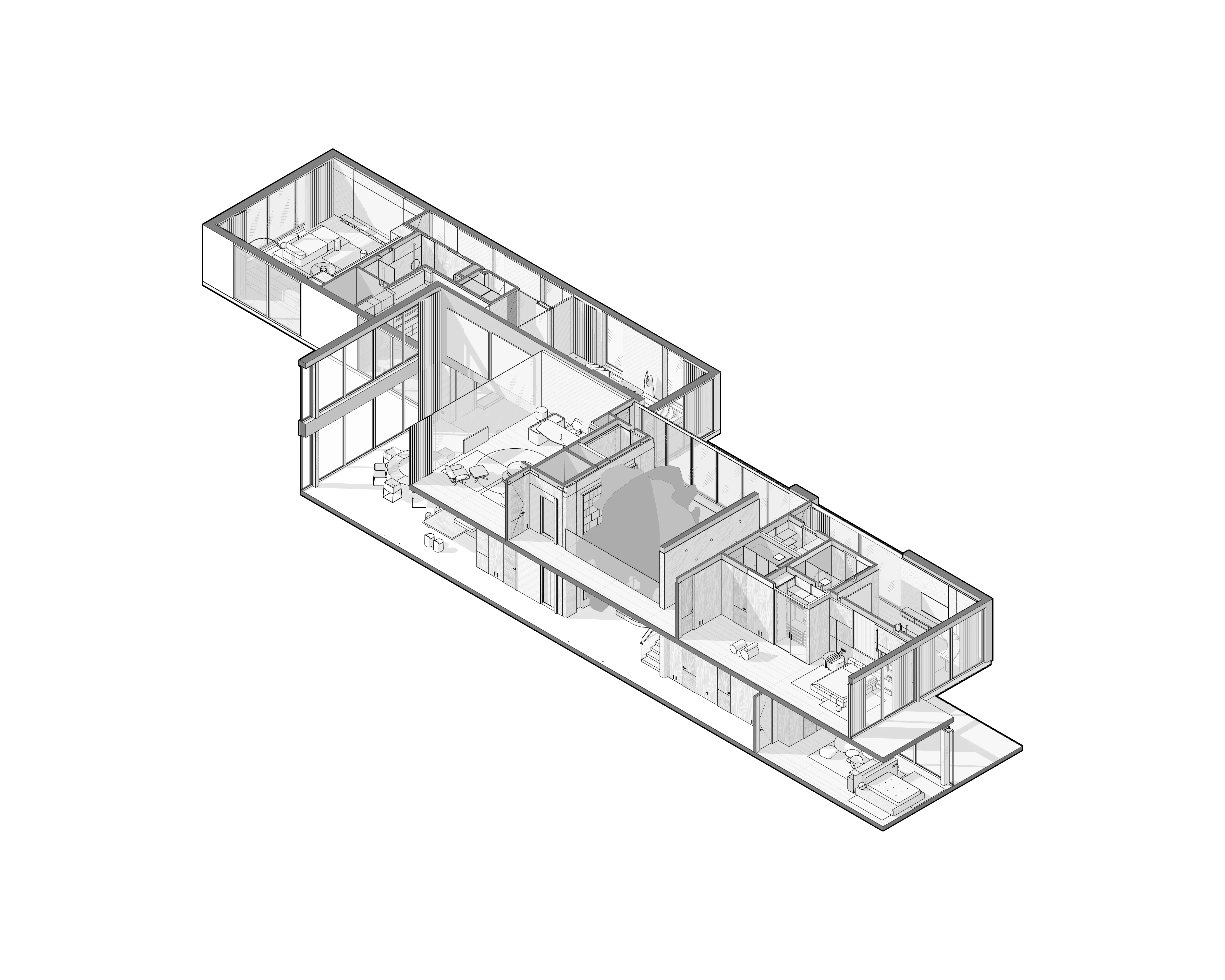 Axonometric drawing showing multi-level house sections, The Secret Court, Poland