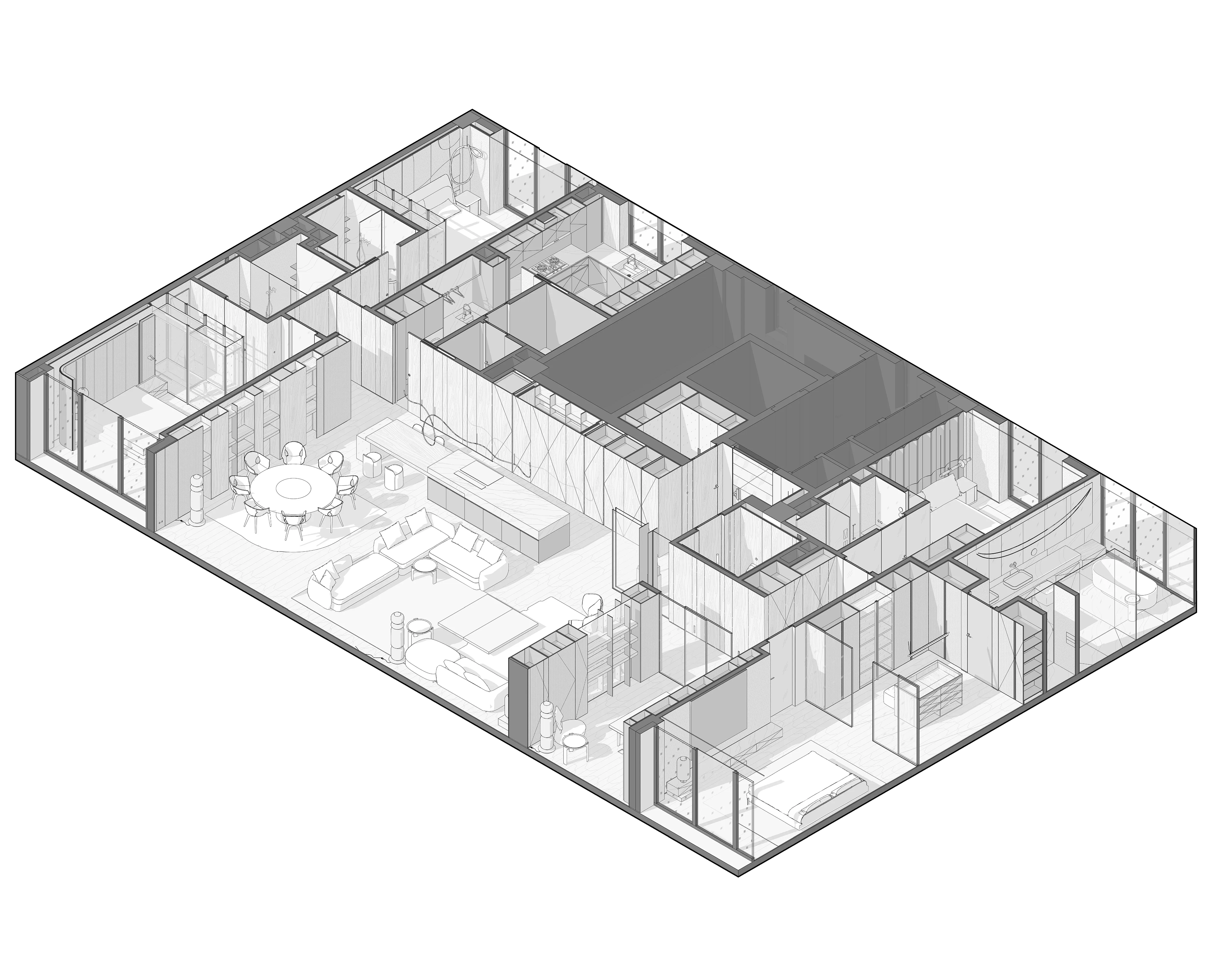 Axonometric floor plan of four-bedroom apartment layout, The Amber Residence, Beijing