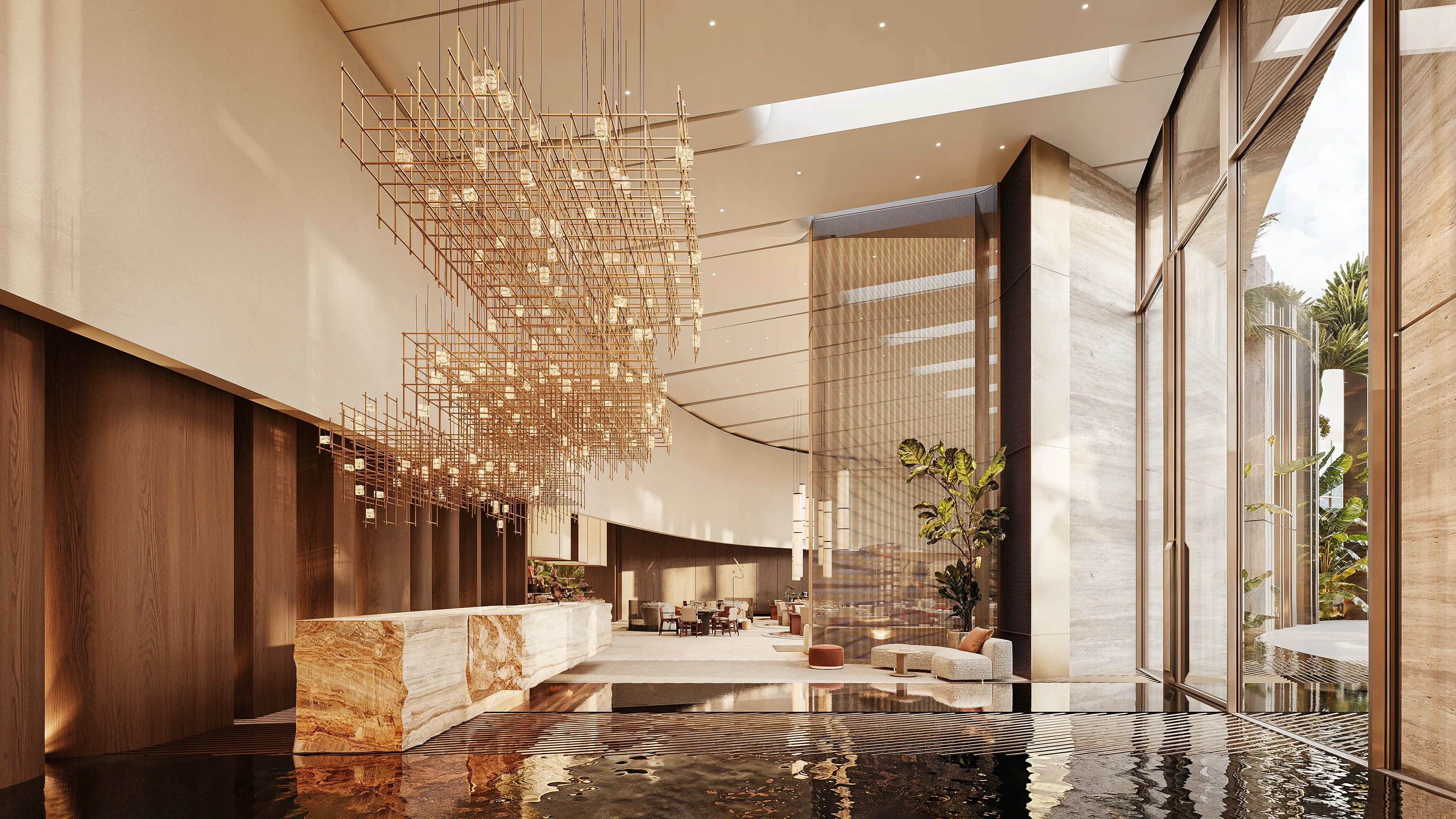 Hotel lobby with sculptural gold chandelier, marble counter and glass facade, Masaya Restaurant, The Ritz-Carlton Bahrain