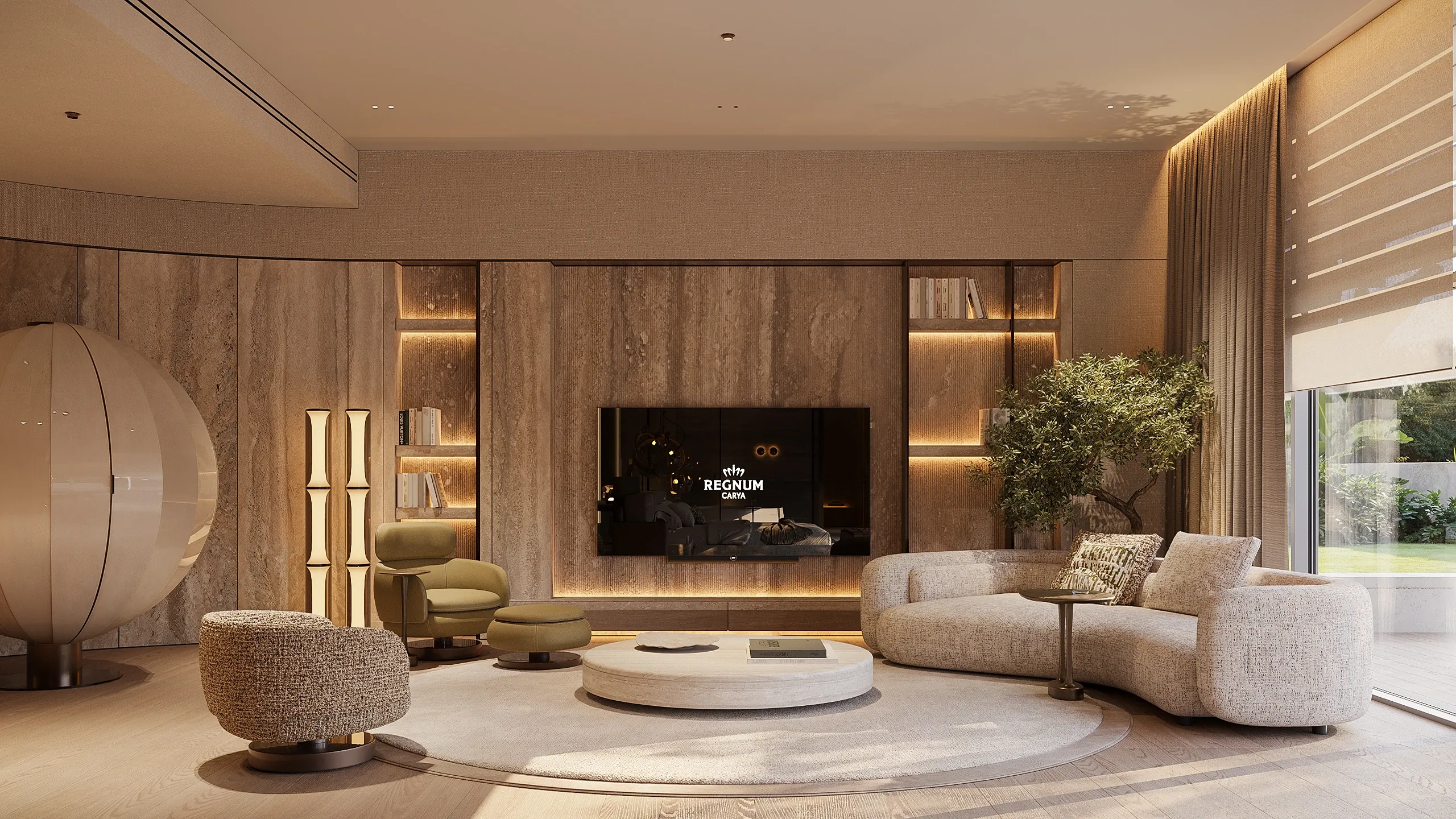 Living room with travertine wall, curved sofa and garden view, The Crown Villa, Antalya