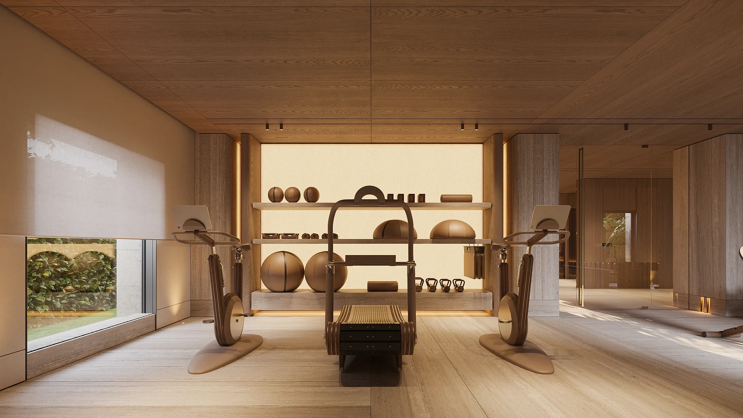 Wood-paneled home gym with exercise bikes and sculptural weights, The Crown Villa, Antalya