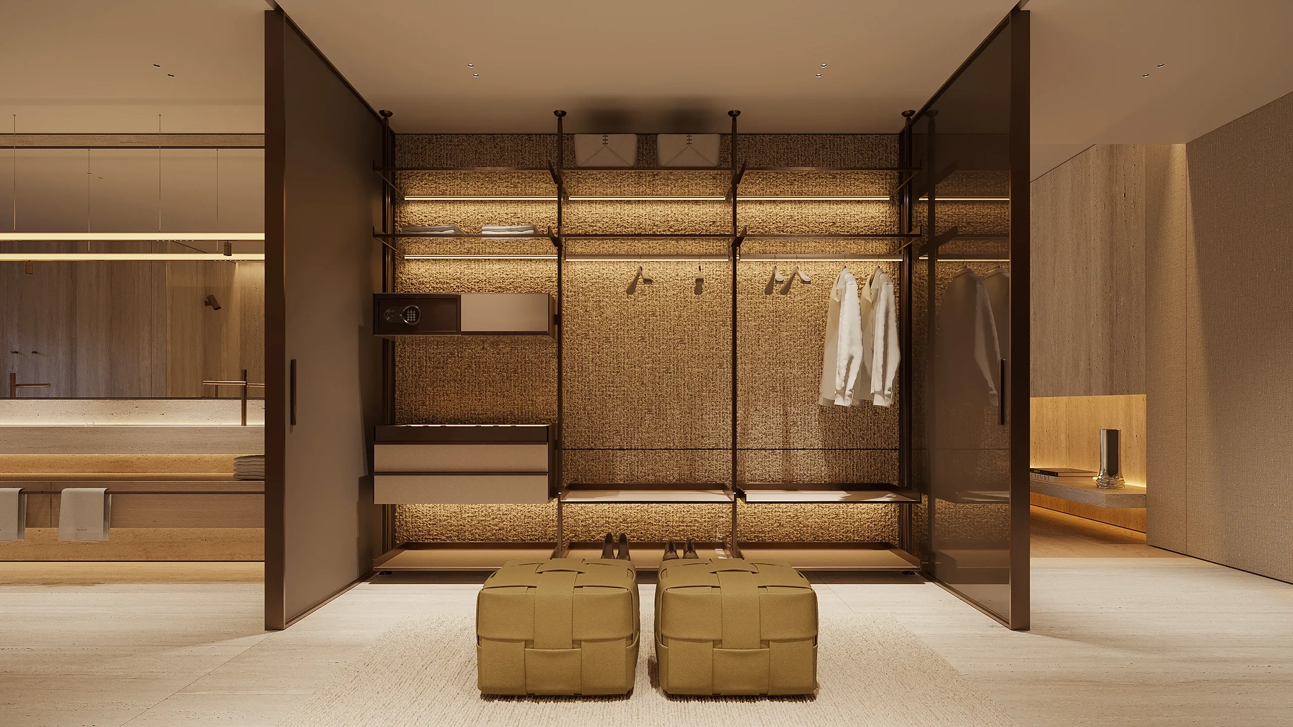 Walk-in closet with woven textile panels and leather ottomans, The Crown Villa Regnum Carya, Antalya