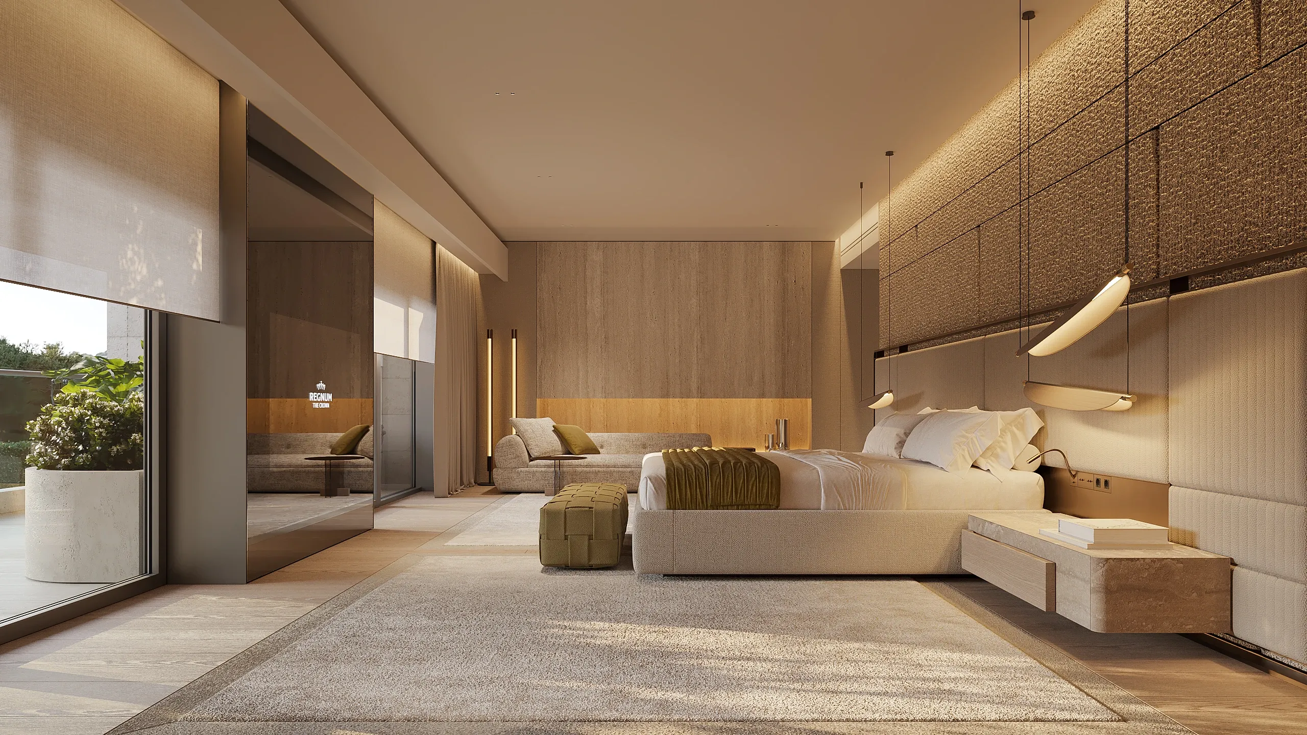 Bedroom with upholstered bed, pendant lights and woven wall panel, The Crown Villa, Antalya